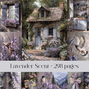 Lavendelgeurpagina's voor plakboek en rommeldagboek, landelijk huisje, rustiek, cottagecore, Frans dorp, afdrukbare afbeeldingen, bloemen