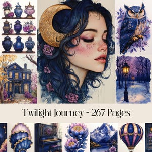 Twilight Journey, paars hemels digitaal papier, reizen, bloemen, dromerig, fantasie, junkjournal, afdrukbare afbeeldingen, mystiek, magisch