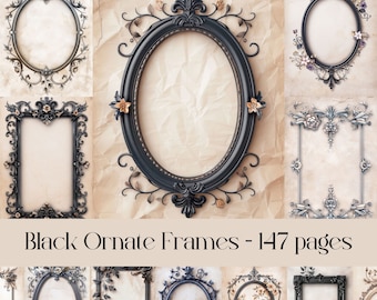 May include: A collection of 10 black ornate frames with floral accents. The frames are oval and rectangular in shape. The frames are set against a textured beige background. Black Ornate Frames - 147 pages.