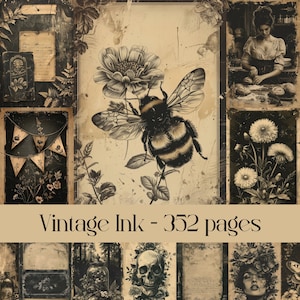 Páginas de tinta vintage para diarios basura y álbumes de recortes, acuarela y tinta, monocromo, antiguo, papel antiguo, imágenes manchadas, arte imprimible