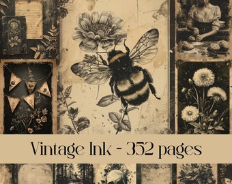 May include: A collage of vintage-style images featuring a bee, flowers, a skull, and a woman. The collage has a dark, gothic aesthetic and includes the text "Vintage Ink - 352 pages".