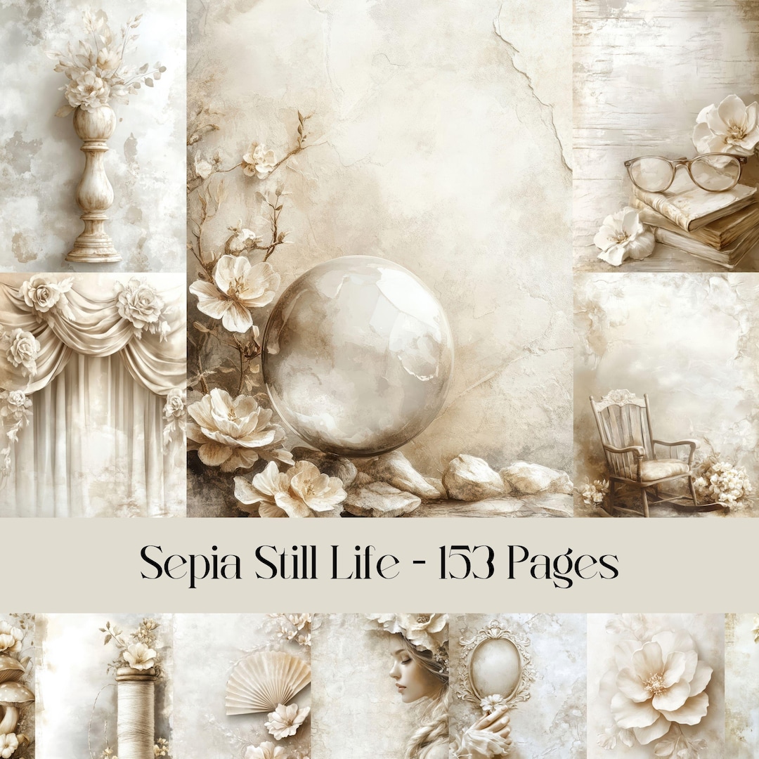 Sepia Still Life Digital Paper: Vintage Floral Ephemera (153 Printable ...