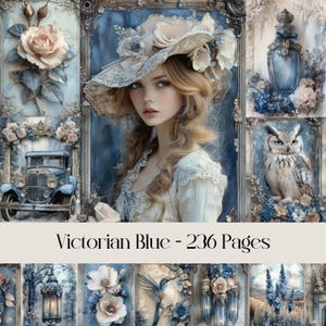 Victorian Blue Pages, carta digitale, shabby chic, vintage, collage, fiori, carta per scrapbooking, diario spazzatura, natura, nautico, stampabile