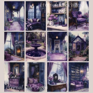 May include: A collage of nine images depicting various rooms and outdoor spaces decorated in shades of purple. The images feature a porch, a library, a fountain, a greenhouse, and a living room. The text "Eternal Tale Pages" appears twice in the collage.