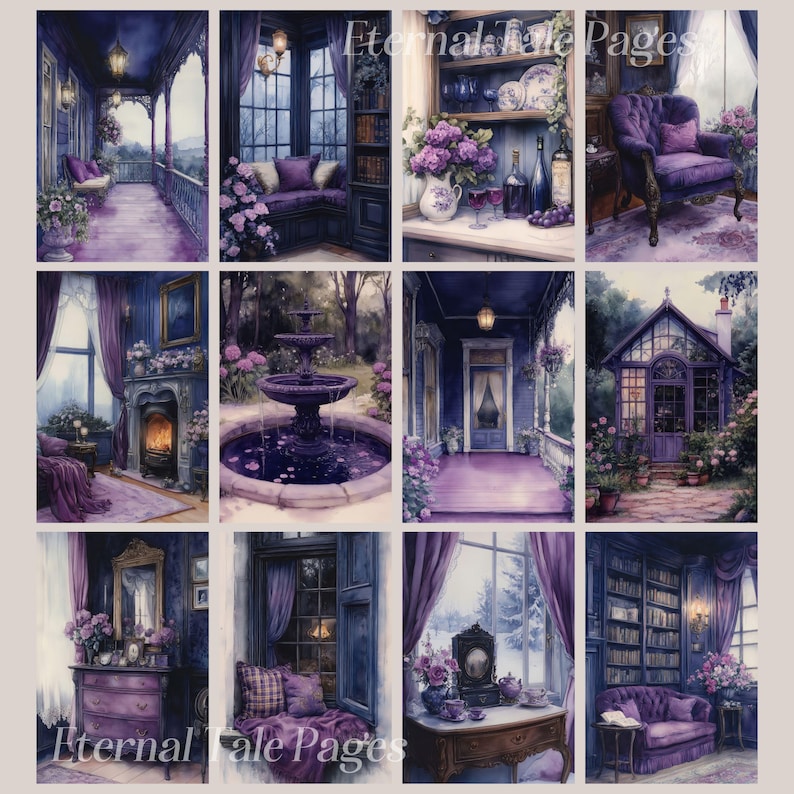 May include: A collage of nine images depicting various rooms and outdoor spaces decorated in shades of purple. The images feature a porch, a library, a fountain, a greenhouse, and a living room. The text "Eternal Tale Pages" appears twice in the collage.