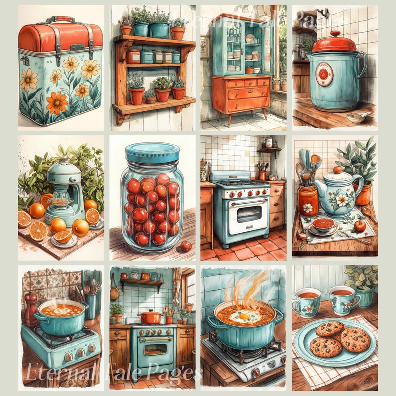 Vintage Kitchen Digital Paper: Retro Food & Recipe Images (digital ...