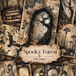 May include: A collection of paper sheets featuring dark, sepia-toned illustrations of trees, a bat, mushrooms, a clock, and a horse. A central label with torn edges displays the text Spooky Forest and 338 pages in black font.