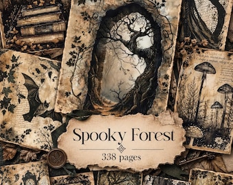May include: A collection of paper sheets featuring dark, sepia-toned illustrations of trees, a bat, mushrooms, a clock, and a horse. A central label with torn edges displays the text Spooky Forest and 338 pages in black font.