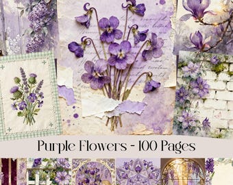 Purple Flowers, Watercolor Floral Printable Pages, Vintage Botanical Ephemera, Scrapbook Paper Download