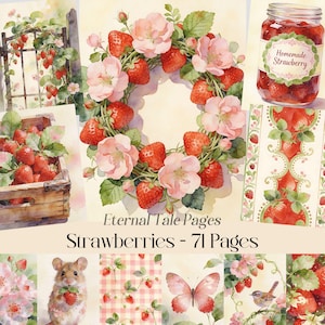 Strawberry Floral Digital Paper, Vintage Cottagecore Berry Backgrounds, Pink Summer Scrapbook Printable Pages