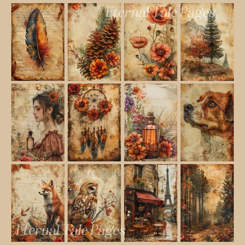 Puede incluir: Un collage de im&aacute;genes de estilo vintage que presentan una pluma, pi&ntilde;as, flores, un atrapasue&ntilde;os, una botella, un perro, un zorro, un b&uacute;ho, una escena de calle parisina y un bosque. Las im&aacute;genes est&aacute;n todas en tonos marrones, naranjas y verdes, y tienen un aspecto r&uacute;stico y vintage.