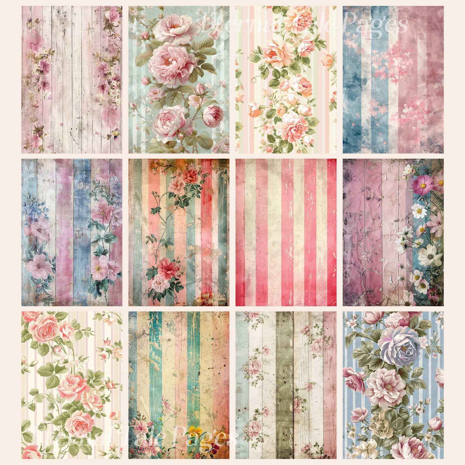 Shabby Chic Floral Digital Paper: Vintage Junk Journal Backgrounds (A4 ...