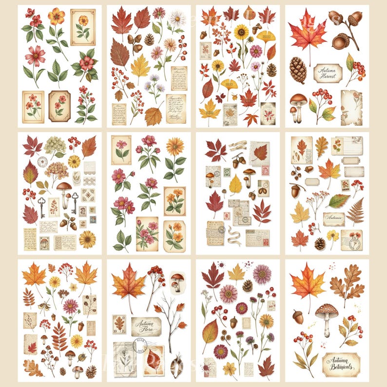 May include: Decorative stickers with autumn botanical illustrations. The stickers feature colourful leaves, flowers, mushrooms, and vintage ephemera. The colour palette includes shades of red, orange, yellow, and brown.