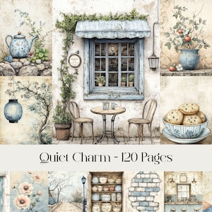 Quiet Charm, junk journal, digitaal papier, bundel, sereen, kalm, rustiek huisje, natuur, planten, vazen, boeken, lentelandschap, afdrukbaar