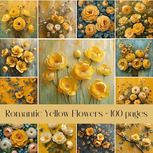 Romantisch geel bloemen digitaal papier voor junk tijdschriften en scrapbooking, shabby chic afdrukbaar bloemenpapier, collage, botanisch papier