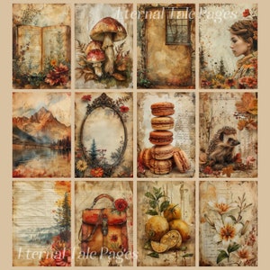 Puede incluir: Un collage digital de diez im&aacute;genes de estilo vintage con tem&aacute;tica oto&ntilde;al. Las im&aacute;genes incluyen setas, un lago de monta&ntilde;a, una ventana, un erizo, una pila de macarons, un libro, una maleta, limones, lirios y un &oacute;valo enmarcado.