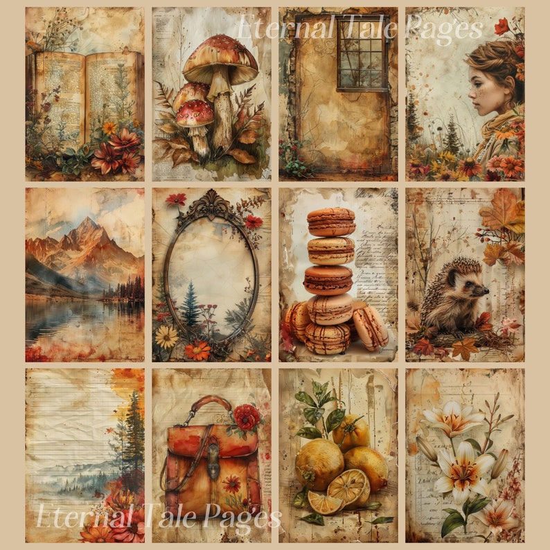 Puede incluir: Un collage digital de diez im&aacute;genes de estilo vintage con tem&aacute;tica oto&ntilde;al. Las im&aacute;genes incluyen setas, un lago de monta&ntilde;a, una ventana, un erizo, una pila de macarons, un libro, una maleta, limones, lirios y un &oacute;valo enmarcado.