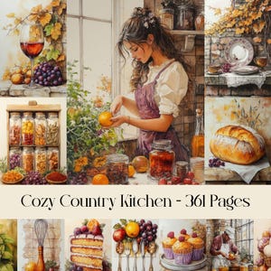 Páginas de cozinha aconchegante no campo, casa de campo, papel digital, outono, rústico, panificação, comida, bebidas, culinária, diário de lixo, papel para scrapbooking