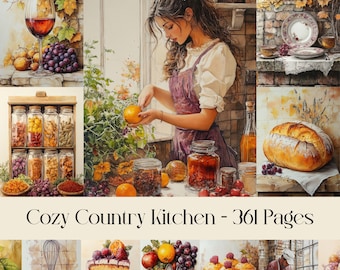 May include: A collage of images depicting a cozy country kitchen. The images include a woman in a purple dress, a loaf of bread, a bowl of fruit, a jar of spices, and a window with a view of a garden. The text "Cozy Country Kitchen - 361 Pages" is displayed at the bottom of the collage.