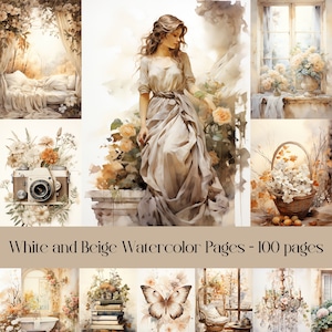 Pagine di diario spazzatura acquerellate bianche e beige, scrapbooking, colori neutri, immagini boho naturali, effimere vintage, collage