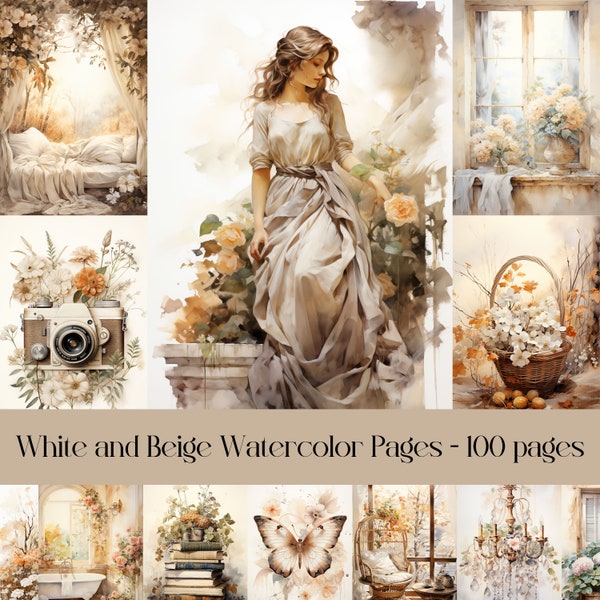 White and Beige watercolor junk journal pages, scrapbooking, neutral colours, natural bohemian images, vintage ephemera, collage