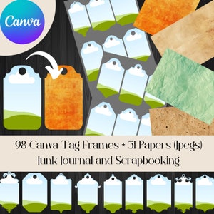 Op de afbeelding: 98 afdrukbare Canva-tagframes met een groen, blauw en wit landschapsontwerp. De frames zijn perfect voor junk journaling en scrapbooking. Er zijn ook 51 digitale papieren inbegrepen.