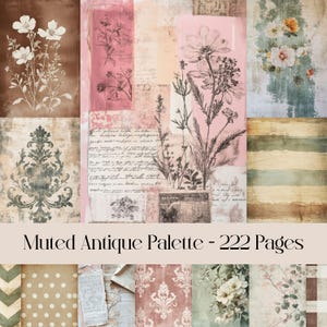Pages anciennes en sourdine, papier numérique, journal indésirable, scrapbooking, floral vintage, éphémère, botanique, abstrait, arrière-plan imprimable, palette