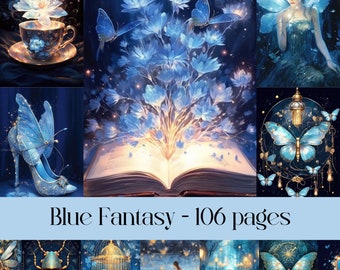 Blaues Fantasy Junk Journal, Scrapbook Papier, verzaubert, magisch, Fantasy Thema, Collage, bedruckbares Papier, digitale Ephemera