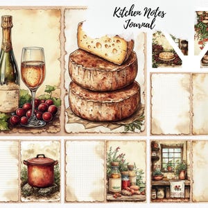 Pagine del diario Kitchen Notes, diario spazzatura, carta per scrapbooking, piegato, cucina, ricetta, cottura al forno, cibo, bevande, cucina rustica, carta vintage
