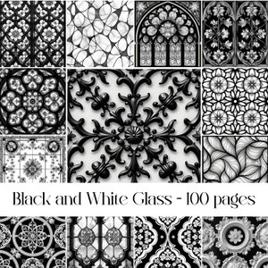 Schwarz-weiße Glasseiten, Junk Journal, Scrapbook Papier, digitales Papier, Buntglas, Kacheln, Kachelbilder, monochromes, bedruckbares Papier