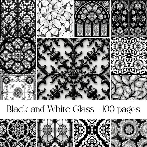 Black and White Glass Pages, junk Journal, scrapbook paper, digital paper, stained glass, tiles, tile images, monochrome, printable paper