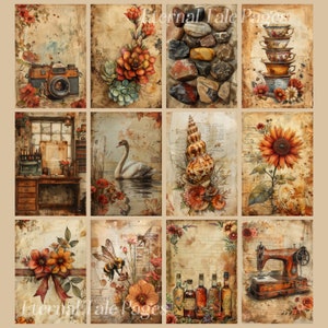 Puede incluir: Un collage de 9 im&aacute;genes de estilo vintage con un tema r&uacute;stico y oto&ntilde;al. Las im&aacute;genes incluyen una c&aacute;mara, un cisne, una concha marina, un girasol, una abeja, una m&aacute;quina de coser, una pila de tazas de t&eacute;, una pila de piedras y un ramo de flores.