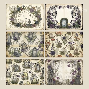 Pu&ograve; includere: Una collezione di sei illustrazioni in stile vintage con temi fantasy. Ogni immagine presenta disegni dettagliati di farfalle, fiori, case delle fate e cancelli ornati, su uno sfondo di carta invecchiata con una tonalit&agrave; seppia.