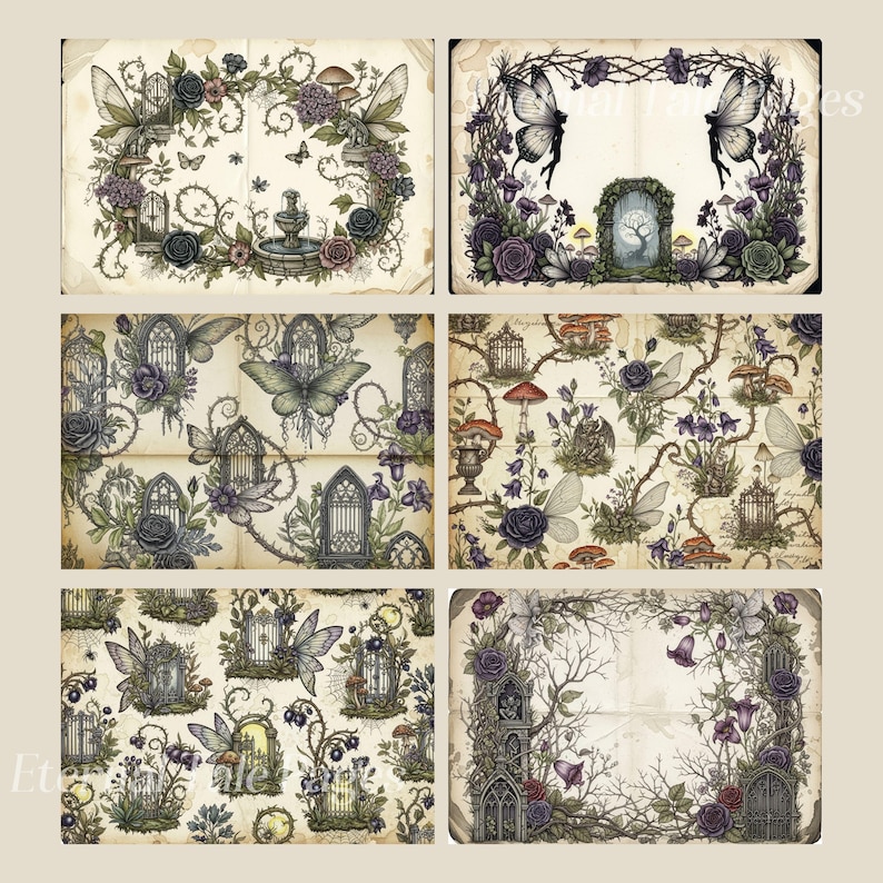 Pu&ograve; includere: Una collezione di sei illustrazioni in stile vintage con temi fantasy. Ogni immagine presenta disegni dettagliati di farfalle, fiori, case delle fate e cancelli ornati, su uno sfondo di carta invecchiata con una tonalit&agrave; seppia.