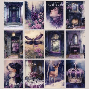May include: A collage of ten watercolor paintings featuring various scenes and objects. The paintings are in shades of purple, blue, and green. The scenes include a forest, a house, a room with a fireplace, a room with a window, a room with a dresser, a room with a table, a room with a bed, a room with a door, a room with a dragonfly, and a room with a deer. The text "Eternal Tale Pages" appears in the top right corner of the collage.