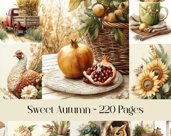 May include: A collage of watercolor illustrations with an autumn theme. Includes a red truck, a pheasant, pomegranates, sunflowers, a mug, and other fall elements. The text "Sweet Autumn - 220 Pages" is displayed.