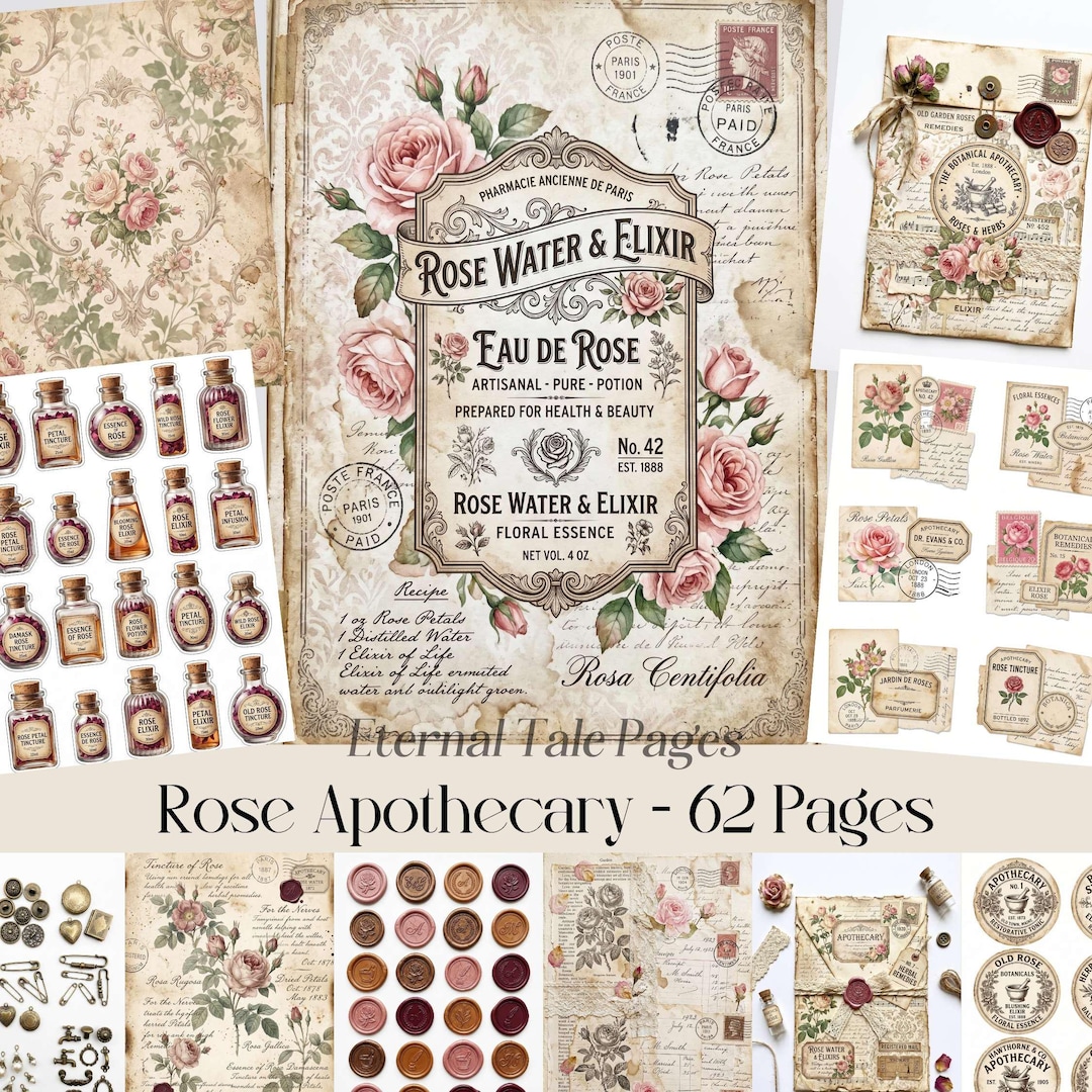 Vintage Rose Junk Journal Kit, Shabby Chic Botanical Ephemera (digital ...