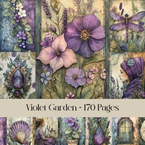 Violet Garden, digitaal papier, paarse bloemen, grillige natuur, junkjournal, afdrukbare afbeeldingen, fantasietuin, plakboek, efemere