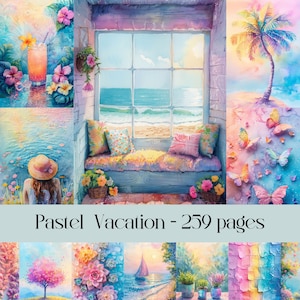 Páginas de vacaciones en tonos pastel para álbumes de recortes y diarios basura, vacaciones de verano, playa, texturas, papel de fondo, papel digital, náutico