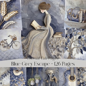Blue Junk Journal Kit, Vintage Cottagecore Ephemera, Shabby Chic Scrapbook Paper (Digital Download)