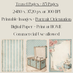 May include: Three digital paper designs featuring a vintage suitcase, a striped pattern, and a floral design with a Eiffel Tower. The papers are perfect for scrapbooking, card making, and other paper crafts.  The text on the image reads "Travel Pages - 85 Pages", "2480 x 3720 px at 300 DPI", "Printable Images - Portrait Orientation", "Digital Paper - Print at HOME", and "Commercial Use allowed".