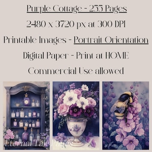 May include: A digital paper pack with three images. The first image shows a purple and white floral arrangement in a vase. The second image shows a shelf with bottles of purple liquid. The third image shows a bumblebee on a purple flower.