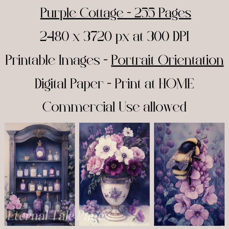 May include: A digital paper pack with three images. The first image shows a purple and white floral arrangement in a vase. The second image shows a shelf with bottles of purple liquid. The third image shows a bumblebee on a purple flower.