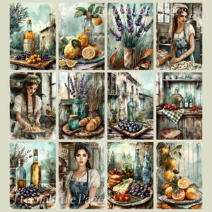 May include: Watercolor art print featuring a collection of rustic kitchen scenes. The images depict lemons, lavender, bread, and bottles of oil and wine. Some images include women in aprons. The overall color palette is soft, with muted blues, greens, and yellows.