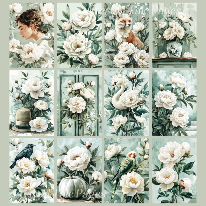 White Peonies, Digital Paper, Junk Journal, Scrapbook Paper, Botanical