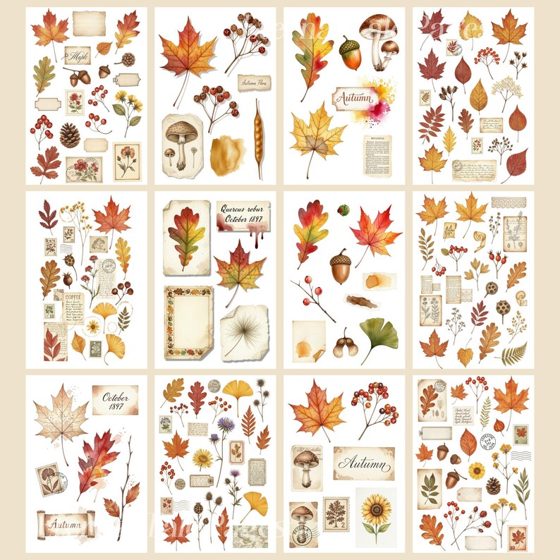 May include: A selection of autumn-themed stickers with watercolour illustrations of fall leaves, acorns, mushrooms, berries, and vintage ephemera. The stickers include text such as "Autumn" and "October 1897" in various fonts and styles.