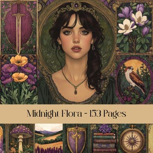 Flora de medianoche, paquete de papel digital, diario basura, papel para álbumes de recortes, marcos, diseños de cartas del tarot, efímeras, fantasía, místico, imprimible