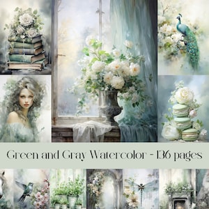 Groene en grijze aquarelpagina's voor Junk Journal, plakboekpapier, digitaal papier, vintage ephemera, shabby chic, bloemen, achtergronden