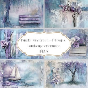 Purple Paint Dream, papier numérique, journal indésirable, texturé, collage, rêveur, papier de scrapbooking, paysage, éphémère vintage, lilas, fleurs