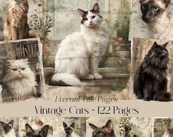 Kit de diario de recortes con diseño de gatos vintage, páginas imprimibles antiguas, efímeros botánicos (descarga digital)